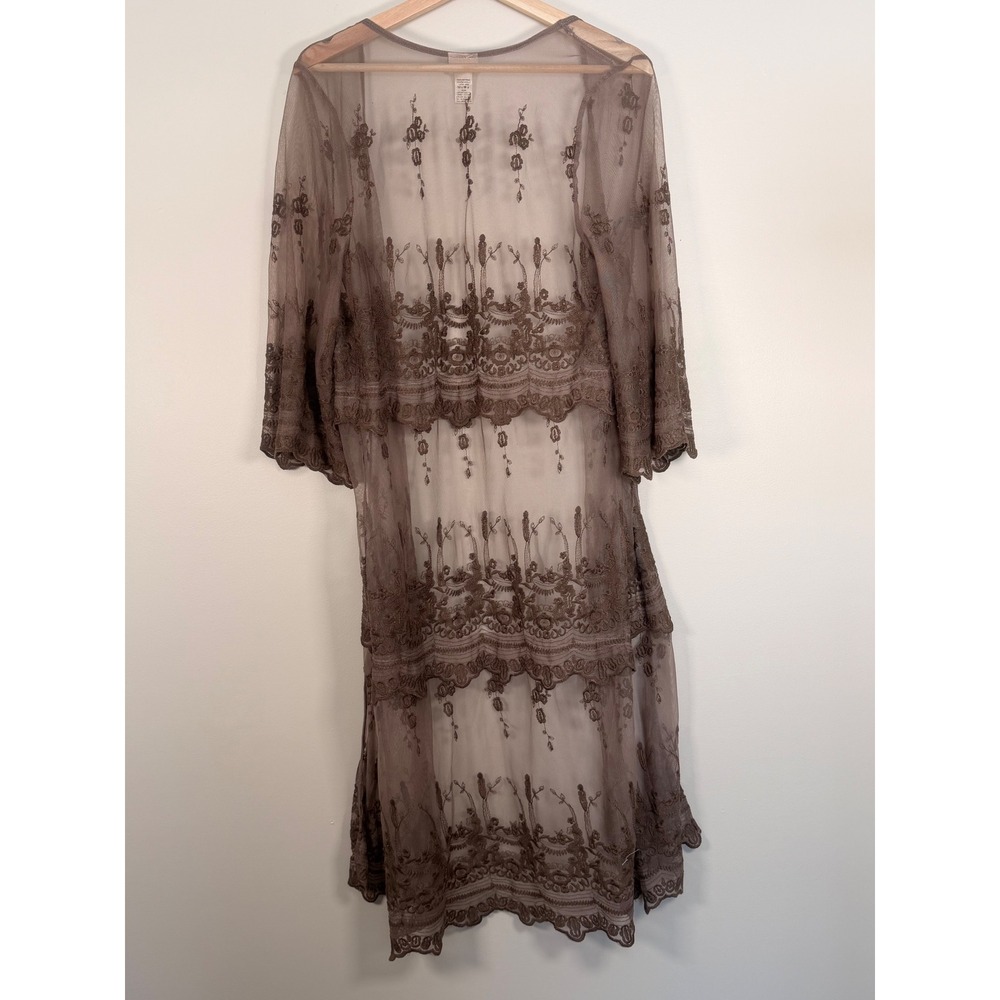 Daytrip Sheer Embroidered Kimono Duster Brown Lace Trim Size S Boho Whimsigoth - Picture 3 of 6
